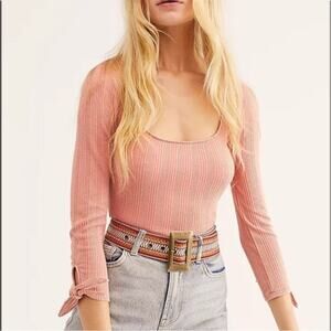 Free People | Women’s Move On Bodysuit Mooncake Pink Ribbed Long Sleeve Bow Cuff
